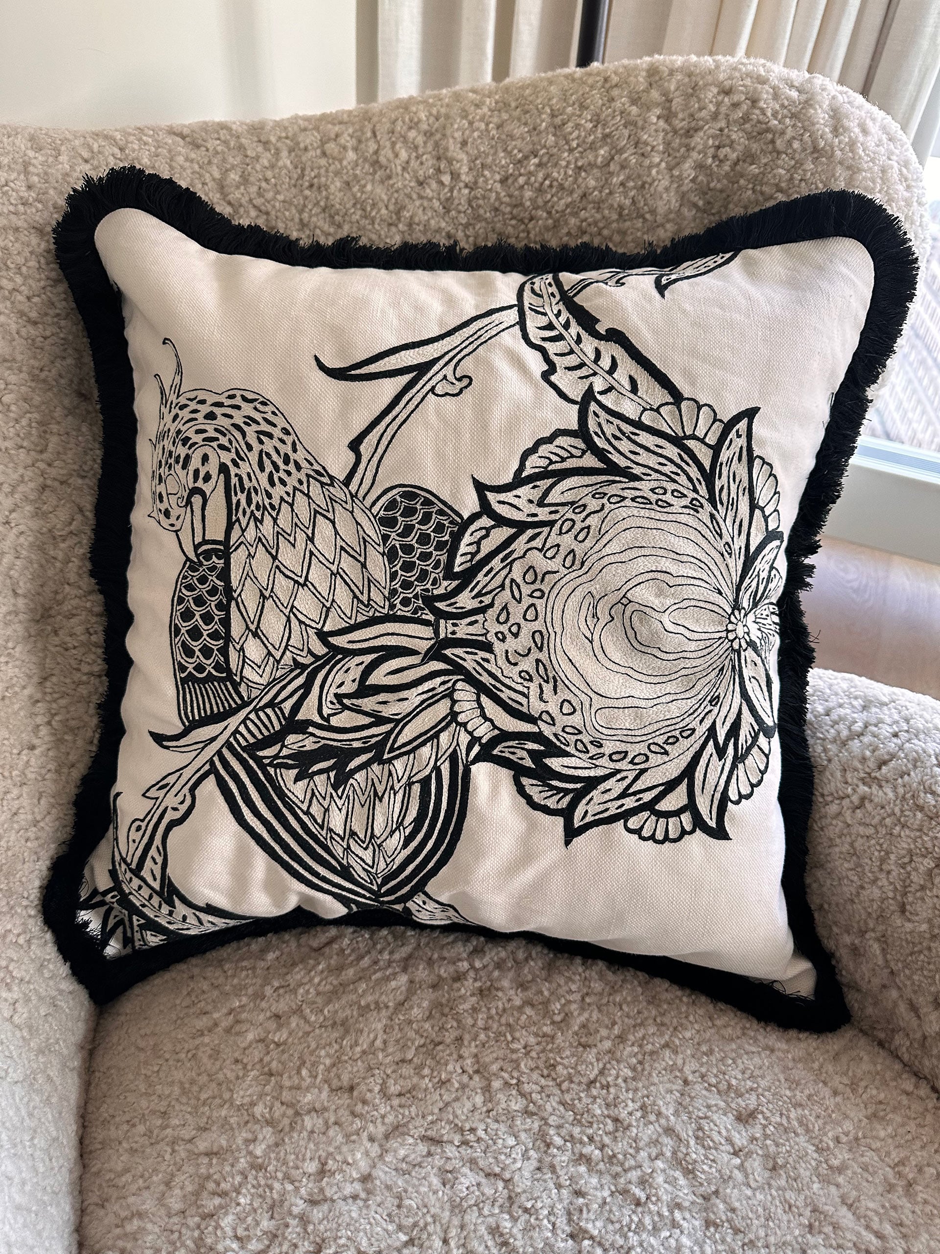 Interior Monologue Hand Embroidered Bird Pillow (black)
