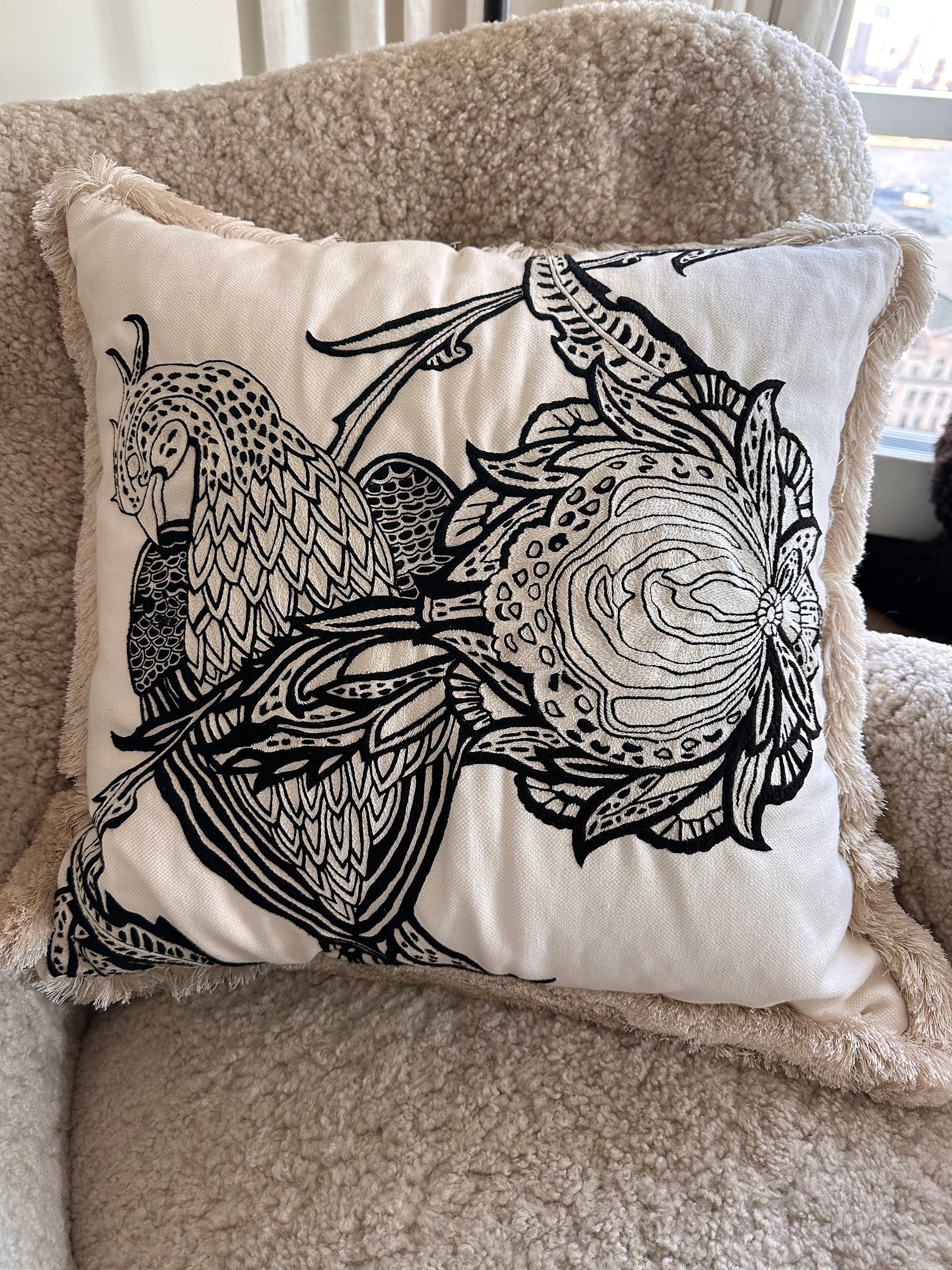Interior Monologue Hand Embroidered Bird Pillow (cream)