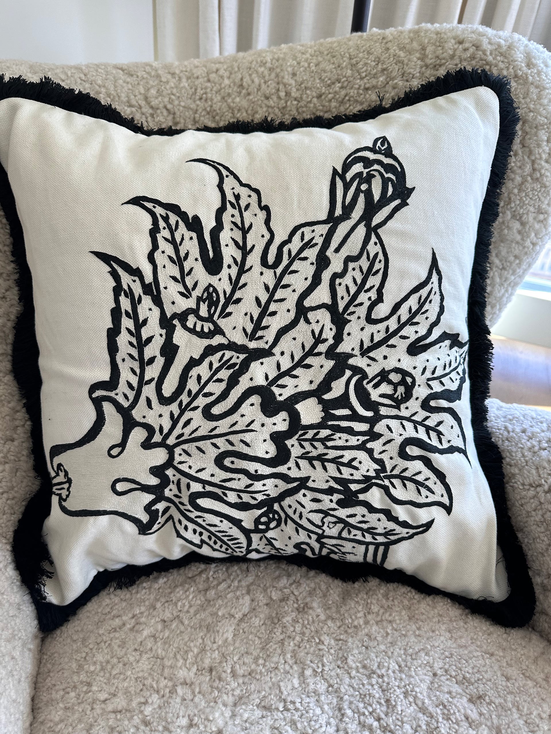 Interior Monologue Hand Embroidered Bird Pillow (black)